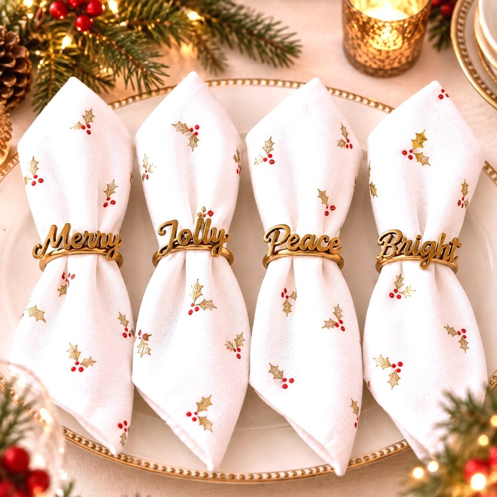 Bee & Willow BrassTone Christmas Napkin Rings Set of 4 Merry Jolly Peace Bright